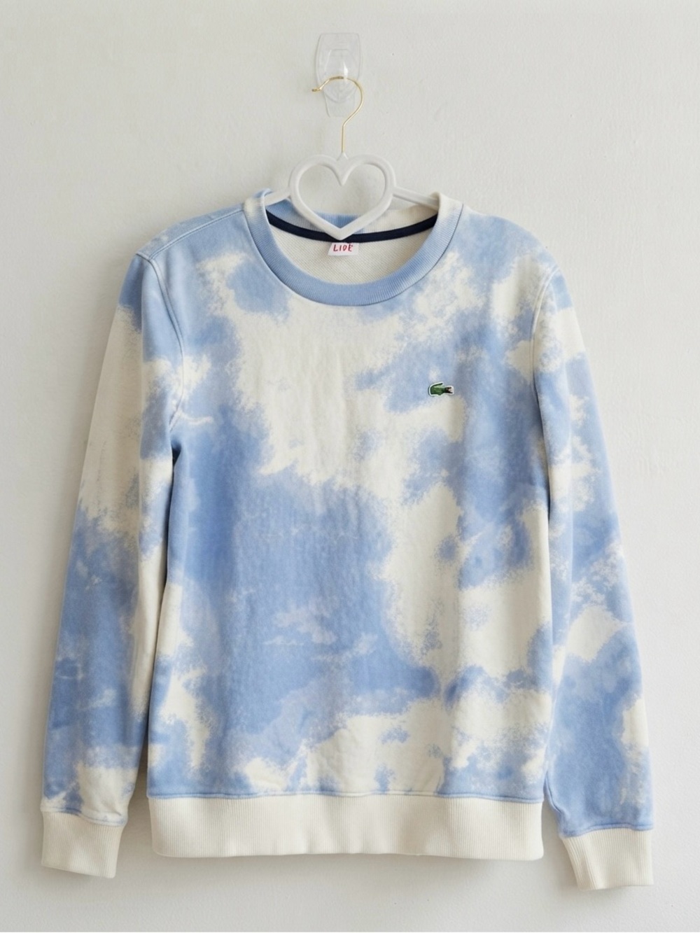 Lacoste L!VE Women’s sweatshirt, blue and cream tie-dye print and round neck, L